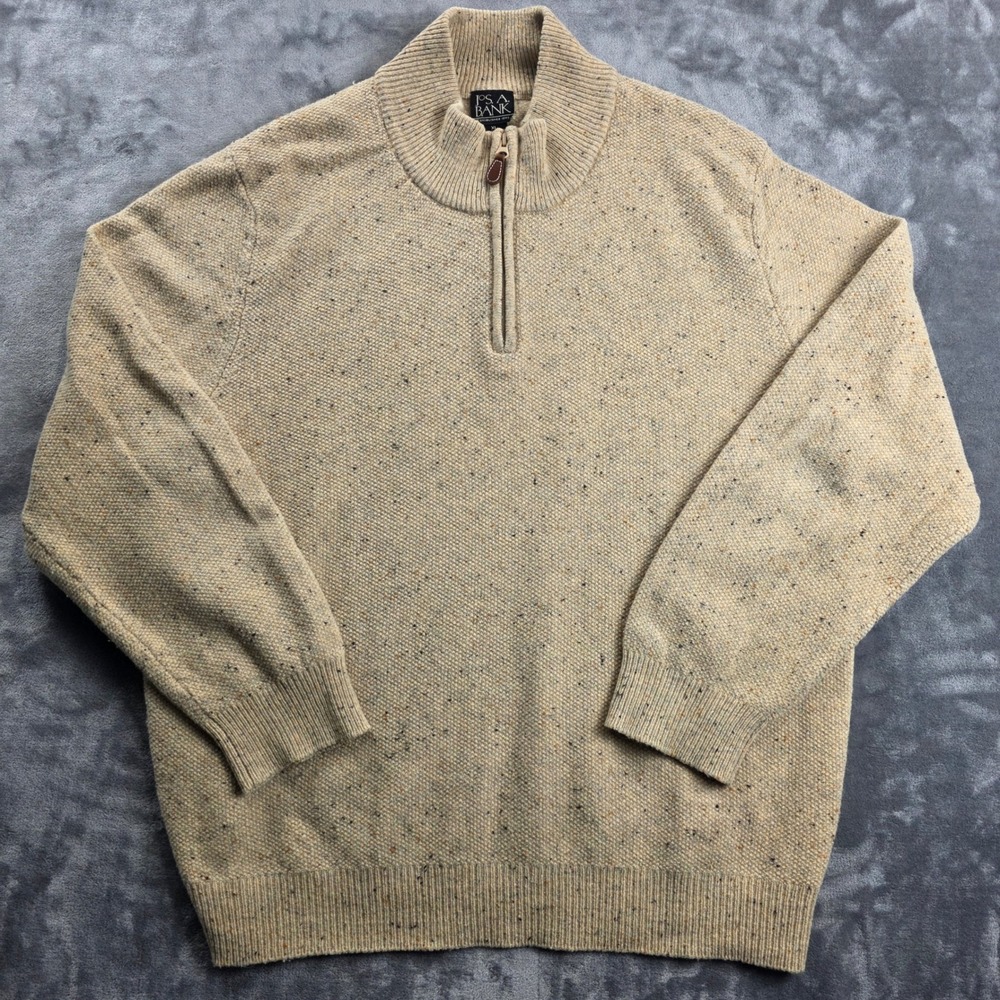 Jos. A.‎ Bank Sweater Mens XL Tan Lambswool Donegal Tweed Quarter Zip Mock Neck